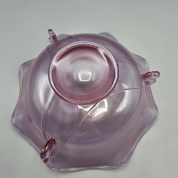 Fenton Pink Iridescent Stretch Hexagonal Bowl Dolphin Koi Fish Handles Signed - Picture 3 of 9